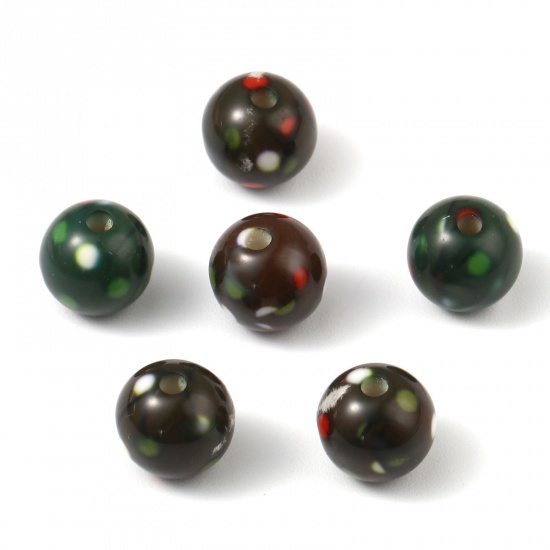 Picture of Acrylic Beads Round Army Green Dot Pattern About 10mm Dia., Hole: Approx 2.1mm, 20 PCs
