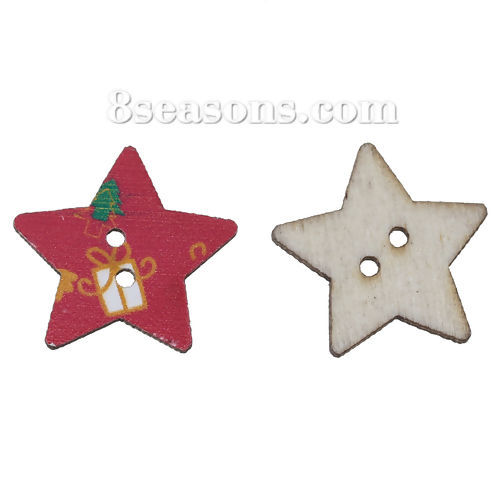 Picture of Wood Sewing Buttons Scrapbooking 2 Holes Star Multicolor Christmas Gift Box Pattern 25mm(1") x 25mm(1"), 50 PCs