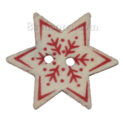 Picture of Wood Sewing Buttons Scrapbooking 2 Holes Hexagonal Red Christmas Snowflake Pattern 25mm(1") x 22mm( 7/8"), 50 PCs