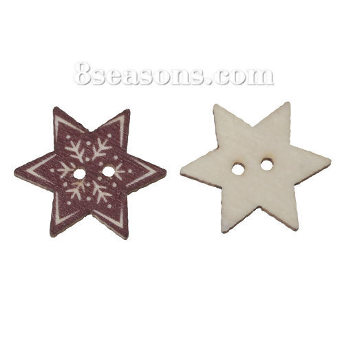 Picture of Wood Sewing Buttons Scrapbooking 2 Holes Hexagonal Coffee Christmas Snowflake Pattern 25mm(1") x 22mm( 7/8"), 50 PCs