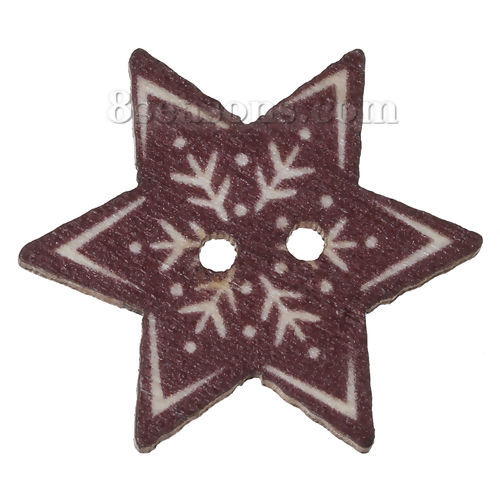 Picture of Wood Sewing Buttons Scrapbooking 2 Holes Hexagonal Coffee Christmas Snowflake Pattern 25mm(1") x 22mm( 7/8"), 50 PCs