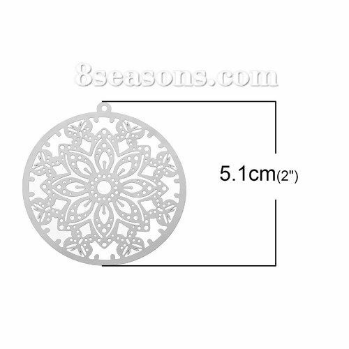 Bild von 304 Edelstahl Charm Anhänger Filigran Stempel Rund Silberfarben Schmetterling 51mm x 48mm, 10 Stücke
