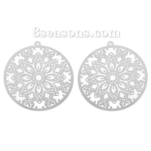 Bild von 304 Edelstahl Charm Anhänger Filigran Stempel Rund Silberfarben Schmetterling 51mm x 48mm, 10 Stücke