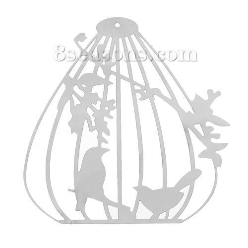 Picture of 304 Stainless Steel Filigree Stamping Pendants Birdcage Silver Tone Bird Branch Carved Hollow 50mm(2") x 46mm(1 6/8"), 10 PCs