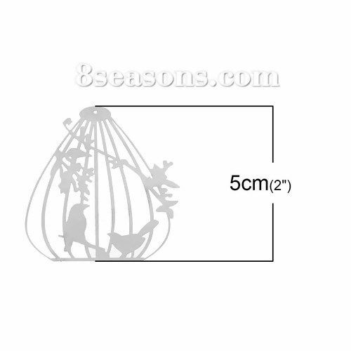Picture of 304 Stainless Steel Filigree Stamping Pendants Birdcage Silver Tone Bird Branch Carved Hollow 50mm(2") x 46mm(1 6/8"), 10 PCs