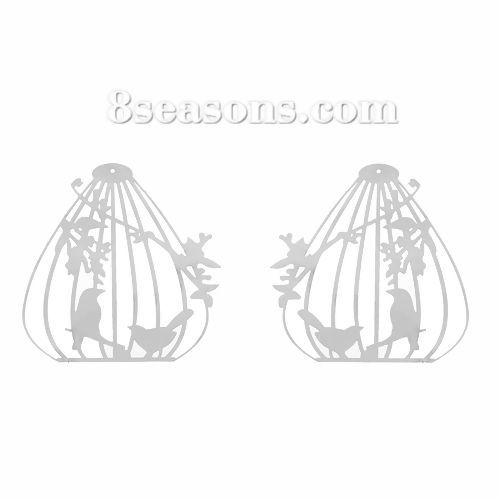 Picture of 304 Stainless Steel Filigree Stamping Pendants Birdcage Silver Tone Bird Branch Carved Hollow 50mm(2") x 46mm(1 6/8"), 10 PCs
