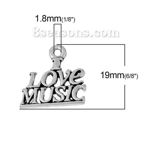 Immagine di Lega di Zinco Charm Ciondoli Lettera Argento Antico Lettere Scolpito " Love Music " 19mm x 18mm , 20 Pz