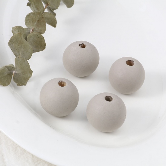 Picture of Hinoki Wood Spacer Beads Round Grey Beige Painted About 25mm Dia., Hole: Approx 4.8mm, 20 PCs