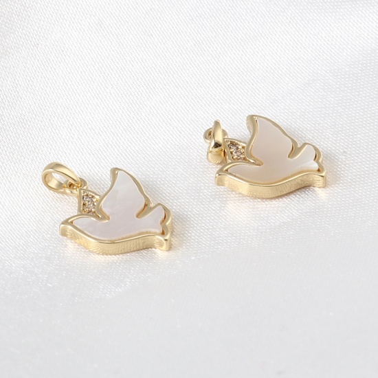 Immagine di 1 Pz Ottone Ciondoli Pendenti Uccello 18K Vero Oro Placcato Bianco Trasparente Strass 17mm x 10mm