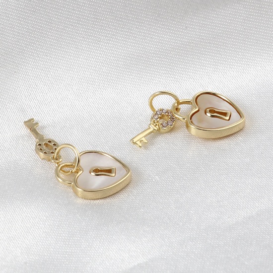 Picture of Natural Shell & Brass Valentine's Day Charms Heart 18K Real Gold Plated White Key Clear Rhinestone 15mm x 10mm, 1 Piece