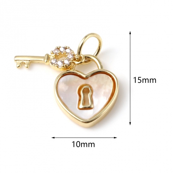 Picture of Natural Shell & Brass Valentine's Day Charms Heart 18K Real Gold Plated White Key Clear Rhinestone 15mm x 10mm, 1 Piece