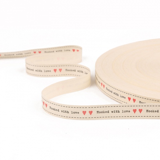 Picture of Cotton Webbing Strap Creamy-White Heart Message " hooked with love " 1.5cm, 1 Roll (Approx 5 Yards/Roll)