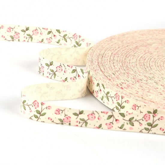 Picture of Cotton Webbing Strap Creamy-White Flower Leaves 1.5cm, 1 Roll (Approx 5 Yards/Roll)