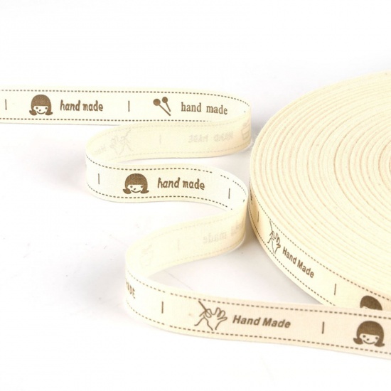 Picture of Cotton Webbing Strap Creamy-White Girl Message " Hand Made " 1.5cm, 1 Roll (Approx 5 Yards/Roll)