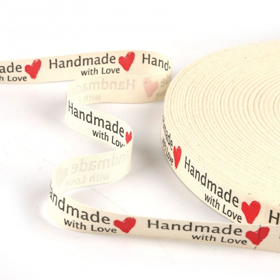 Picture of Cotton Webbing Strap Creamy-White Heart Message " Hand Made With Love " 1.5cm, 1 Roll (Approx 5 Yards/Roll)
