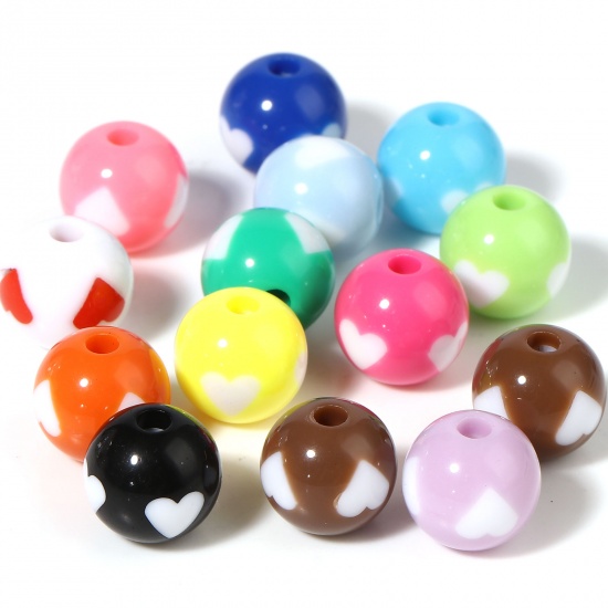 Picture of Acrylic Beads Round At Random Color Mixed Heart Pattern About 12mm Dia., Hole: Approx 2.9mm, 30 PCs