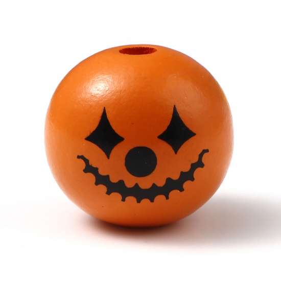 Immagine di Legno Halloween Separatori Perline Tondo Arancione Pagliaccio Disegno Circa: 25mm Dia, Foro: Circa 5.3mm - 4.5mm, 10 Pz