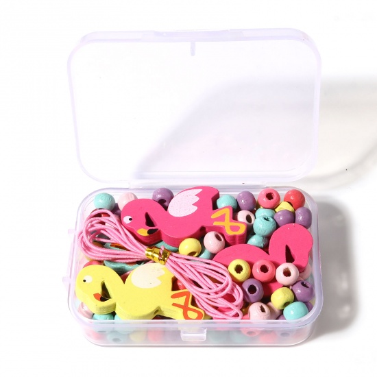 Picture of Natural Wood Spacer Beads Multicolor Flamingo About 6mm Dia., About 3.5cm x 2.1cm, Hole: Approx 2.3mm, 1 Set