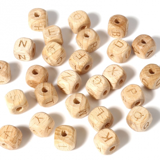 Picture of Wood Spacer Beads Square Natural Initial Alphabet/ Capital Letter About 10mm x 10mm, Hole: Approx 3.6mm, 1 Packet(26 Pcs/Packet)