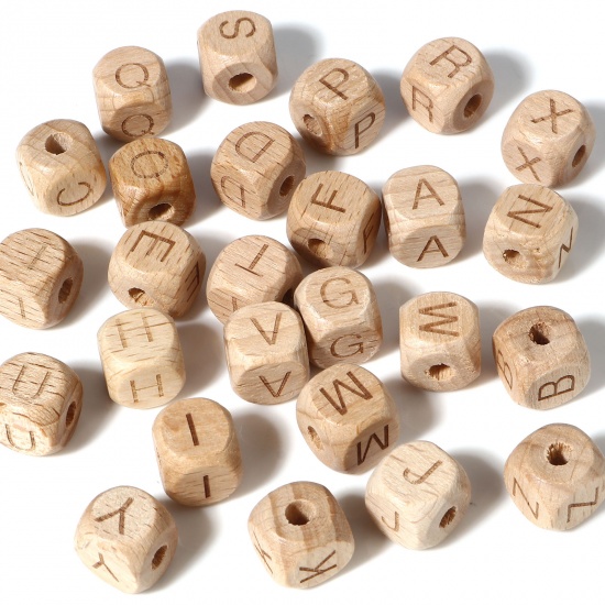 Picture of Wood Spacer Beads Square Natural Initial Alphabet/ Capital Letter About 12mm x 12mm, Hole: Approx 4.2mm, 1 Packet(26 Pcs/Packet)