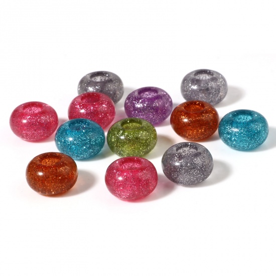 Picture of Acrylic European Style Large Hole Charm Beads Round At Random Color Mixed Glitter About 14mm Dia., Hole: Approx 5.5mm, 100 PCs