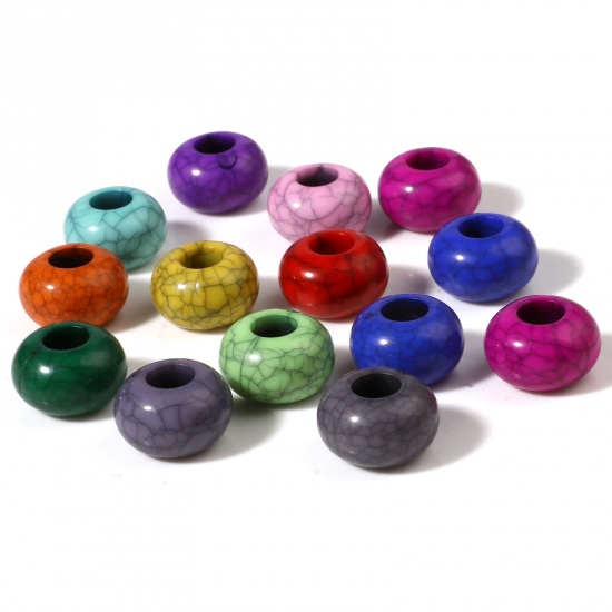 Picture of Acrylic European Style Large Hole Charm Beads Round At Random Color Mixed Crack Pattern About 14mm Dia., Hole: Approx 5.5mm, 100 PCs