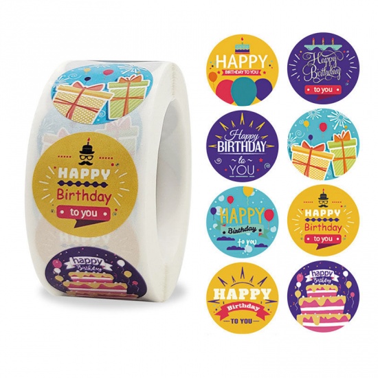 Picture of Multicolor - Message " Happy Birthday " Art Paper DIY Gift Stickers Labels Decoration 2.5cm Dia., 1 Roll