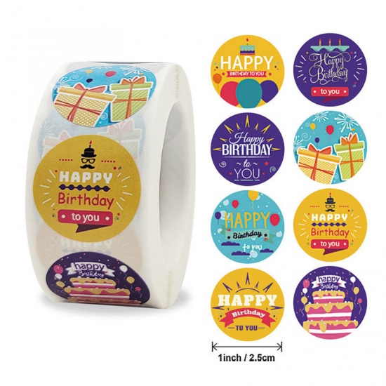 Picture of Multicolor - Message " Happy Birthday " Art Paper DIY Gift Stickers Labels Decoration 2.5cm Dia., 1 Roll