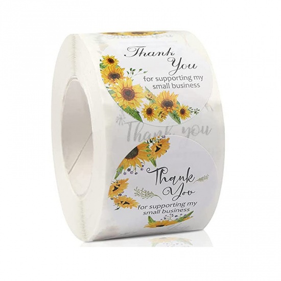 Picture of Yellow - Sunflower Message " Thanks For Supporting My Small Business " Art Paper DIY Package Stickers Labels Decoration 3.8cm Dia., 1 Roll