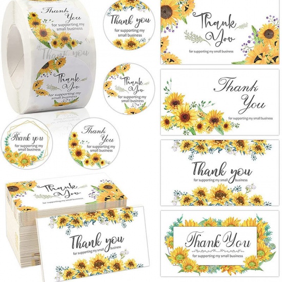 Picture of Yellow - Sunflower Message " Thanks For Supporting My Small Business " Art Paper DIY Package Stickers Labels Decoration 3.8cm Dia., 1 Roll