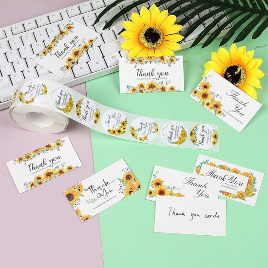 Picture of Yellow - Sunflower Message " Thanks For Supporting My Small Business " Art Paper DIY Package Stickers Labels Decoration 3.8cm Dia., 1 Roll