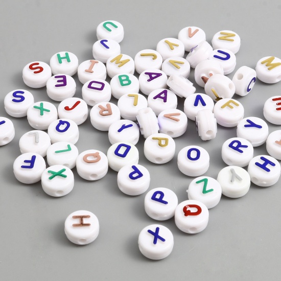 Picture of Acrylic Beads Round At Random Color Initial Alphabet/ Capital Letter Pattern About 10mm Dia., Hole: Approx 2.2mm, 200 PCs