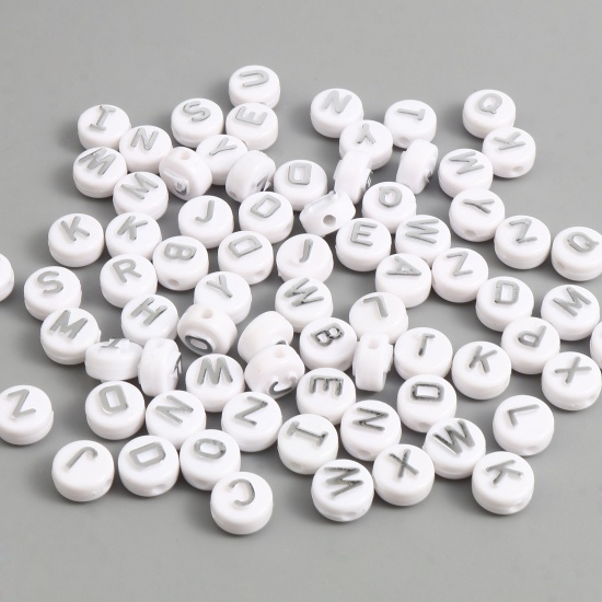 Picture of Acrylic Beads Round Silver Color Initial Alphabet/ Capital Letter Pattern About 10mm Dia., Hole: Approx 2.2mm, 200 PCs