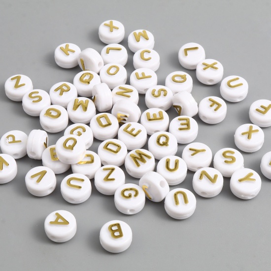 Picture of Acrylic Beads Round Golden Initial Alphabet/ Capital Letter Pattern About 10mm Dia., Hole: Approx 2.2mm, 200 PCs