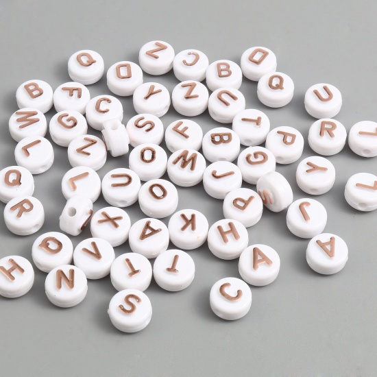 Picture of Acrylic Beads Round Rose Gold Initial Alphabet/ Capital Letter Pattern About 10mm Dia., Hole: Approx 2.2mm, 200 PCs