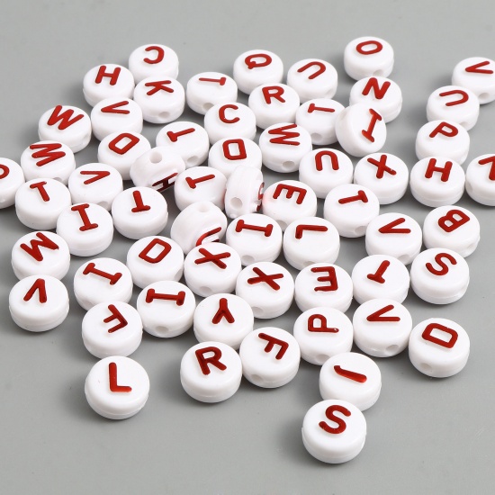 Picture of Acrylic Beads Round Red Initial Alphabet/ Capital Letter Pattern About 10mm Dia., Hole: Approx 2.2mm, 200 PCs