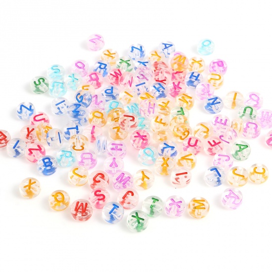 Picture of Acrylic Beads Round At Random Color Transparent Initial Alphabet/ Capital Letter Pattern About 7mm Dia., Hole: Approx 1.4mm, 500 PCs