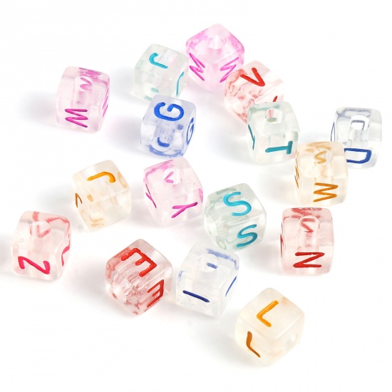 Picture of Acrylic Beads Square At Random Color Transparent Initial Alphabet/ Capital Letter Pattern About 9.5mm x 9.5mm, Hole: Approx 3.7mm, 50 PCs