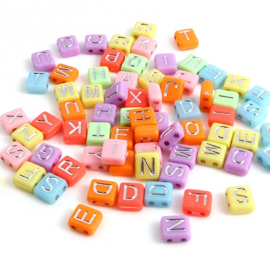 Picture of Acrylic Beads Two Holes Square At Random Color Initial Alphabet/ Capital Letter Pattern About 8.3mm x 7.4mm, Hole: Approx 1.3mm, 200 PCs