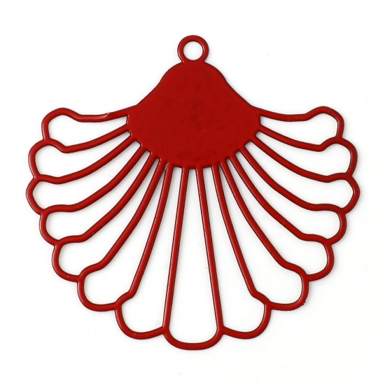 Picture of Iron Based Alloy Filigree Stamping Pendants Fan-shaped Red Painted 3.9cm x 3.7cm, 10 PCs