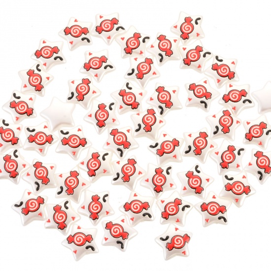 アクリル バロック ビーズ キャンディ 白×赤 パール模造 約 14mm x 14mm、 ；穴：約 1mm、 10 個 の画像
