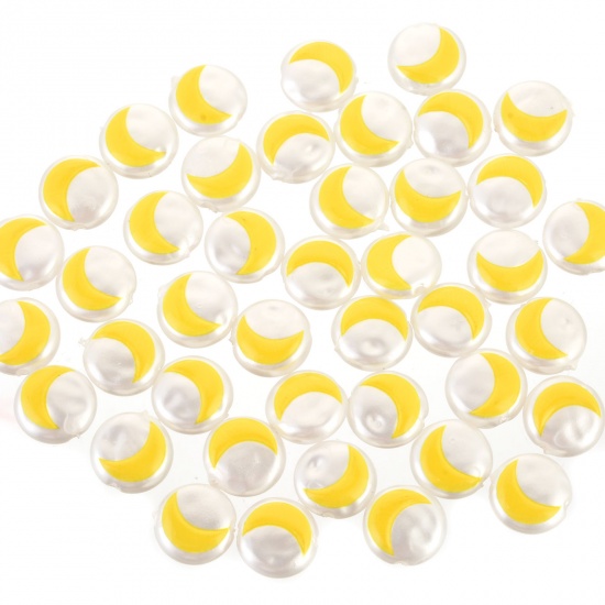 アクリル バロック ビーズ 月 白+黄色 パール模造 約 12mm 直径、 ；穴：約 1mm、 10 個 の画像