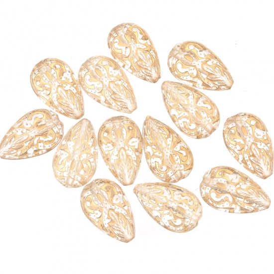Picture of Acrylic Beads Drop Golden Carved Pattern Pattern About 18mm x 11mm, Hole: Approx 1mm, 100 PCs