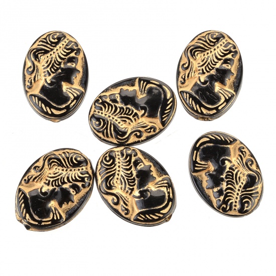 Picture of Acrylic Beads Oval Black & Gold Beauty Lady Pattern About 17.5mm x 13mm, Hole: Approx 1.4mm, 100 PCs