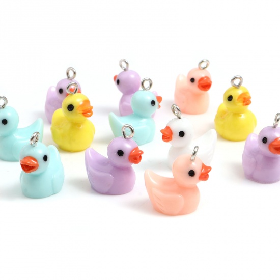 Picture of Resin Charms Duck Animal Silver Tone At Random Color Mixed 20mm x 18mm - 19mm x 17mm, 10 PCs