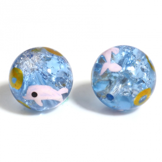 Picture of Glass Hand-painted Beads Round Light Blue & Light Pink Dolphin About 12mm Dia, Hole: Approx 1.5mm, 2 PCs