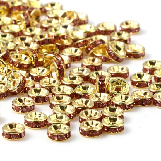 Immagine di Lega di Zinco Perline Tondo Oro Placcato Roso Strass Circa 6mm Dia, Foro:Circa 1.6mm, 100 Pz