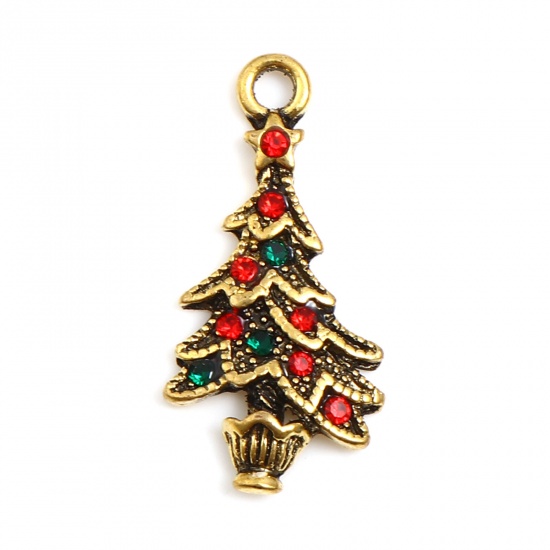 Picture of Zinc Based Alloy Charms Christmas Tree Gold Tone Antique Gold Red & Green Rhinestone 25mm x 13mm, 5 PCs