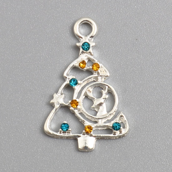 Picture of Zinc Based Alloy Charms Tree Silver Plated Christmas Reindeer Blue Cubic Zirconia Yellow Rhinestone 24mm x 15mm, 5 PCs