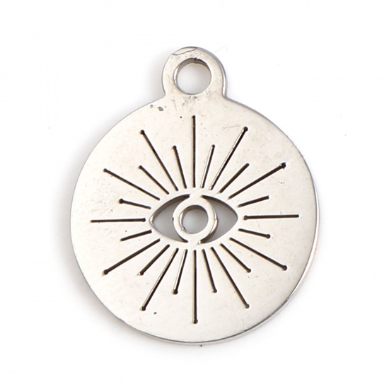 Imagen de 201 Acero Inoxidable Religión Colgantes Charms Ronda Tono de Plata Negro Ojo de la Providencia/Ojo que Todo lo Ve 14mm x 12mm, 5 Unidades